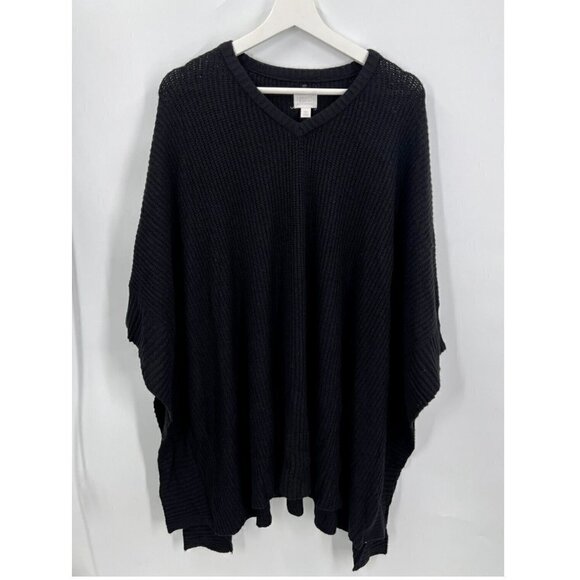 14th & Union Viscose Blend Soft Knit Ribbed Black Pullover Sweater Poncho OSFM - Picture 2 of 6